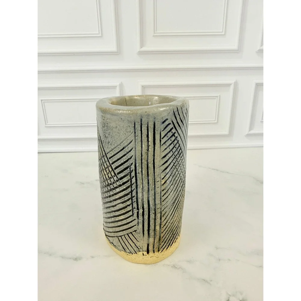 VTG Studio Pottery Vase Blue Heavy Slab Style Geometric Design 5 1/2